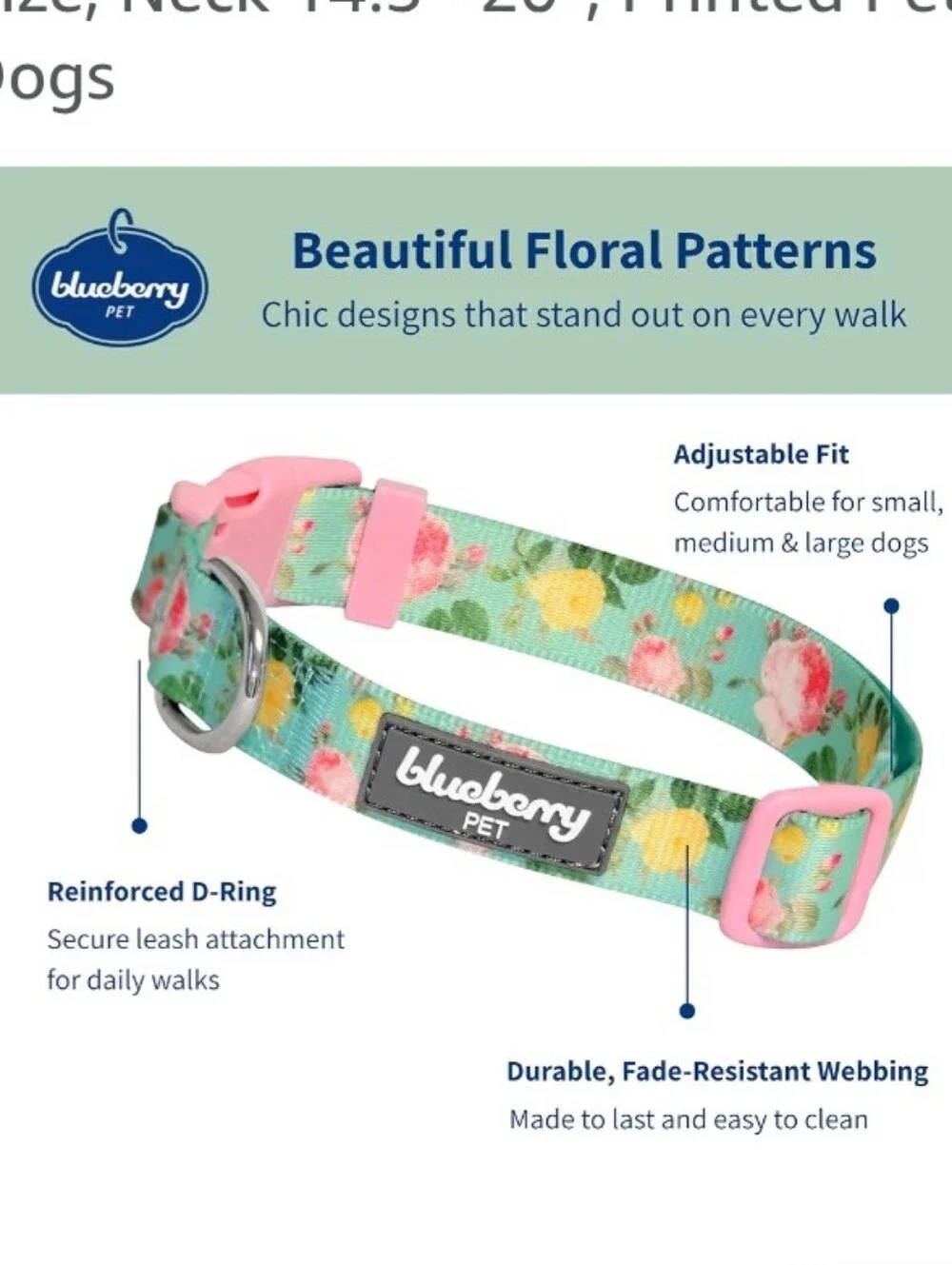 Blueberry Pet Floral Mint Adjustable Dog Collar Pink and Green Size L